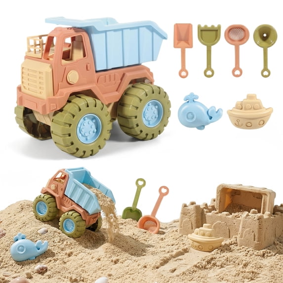 Flynow 7 Pcs Beach Toy Set for Kids 3+ Years Old, Friendly Travel Play Sand Construction Set, Sand Castle Building Kit, Car Toy Set Birthday Gift for Girl Boy Age 3 4 5 6 7 8