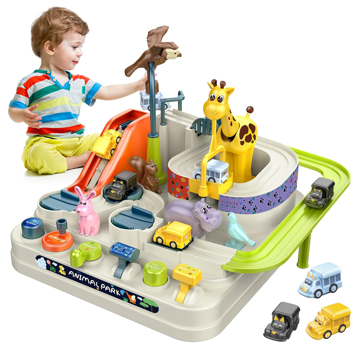 Flynow Adventure Race Car Toy for 3-8 Year Old Boy Girl, Manually Operated Playset Educational Car Ramp Toy with 3 Mini Track Cars, Christmas Birthday Gift for Kids Age 3 4 5 6 7 8