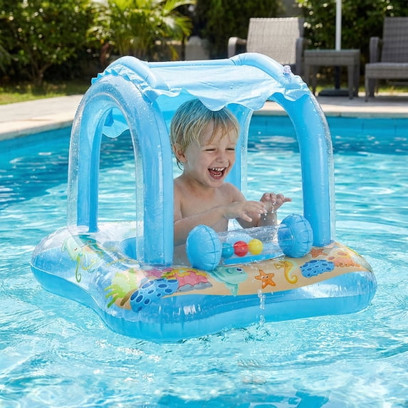 Flynow Baby Pool Float with Canopy Sun Protection, Kids Swimming Float with Safety Seat, Inflatable Toddlers Pool Floats with Cartoon Bell Toy, Infant Swim Trainer, Summer Essentials for Boys Girls