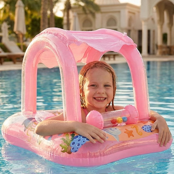 Flynow Baby Pool Float with Canopy Sun Protection, Kids Swimming Float with Safety Seat, Inflatable Toddlers Pool Floats with Cartoon Bell Toy, Infant Swim Trainer, Summer Essentials for Boys Girls