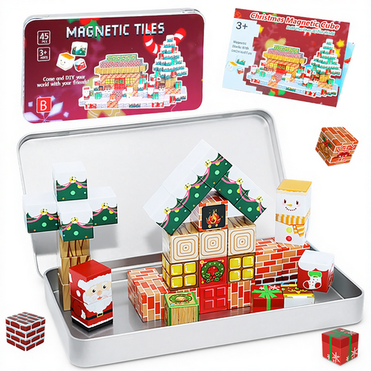 Flynow Magnetic Blocks Set, 45PCS Educational STEM Christmas Travel Building Toys for Kids 3+, Portable Magnetic Block with Metal Storage Box, Toddler Learning Toys for Boys Girls 4-8 Birthday Gift