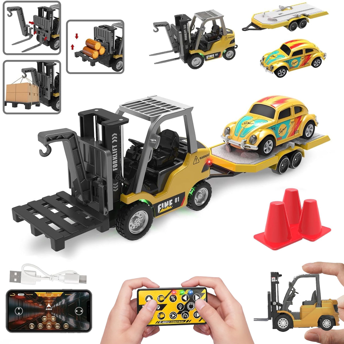 Flynow Mini RC Car Truck Forklift Toy for Kid 3+ Years Old, 1/64 Rechargeable Remote Control Trailer, Electric Vehicle with Lift Fork Hook Light Sound, Birthday Gift for Boy Age 4 5 6 7 8 9