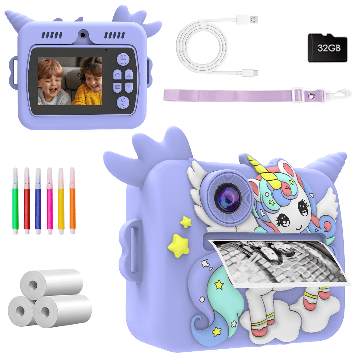 Flynow Kids Camera Toy Instant Print, Children Digital Camcorder, Christmas Birthday Gifts for Girls Boys Toddler Ages 3-12, 4 5 6 7 8 9 Year Old, 1080P HD Video with 32G SD Card Cartoon Soft Cover