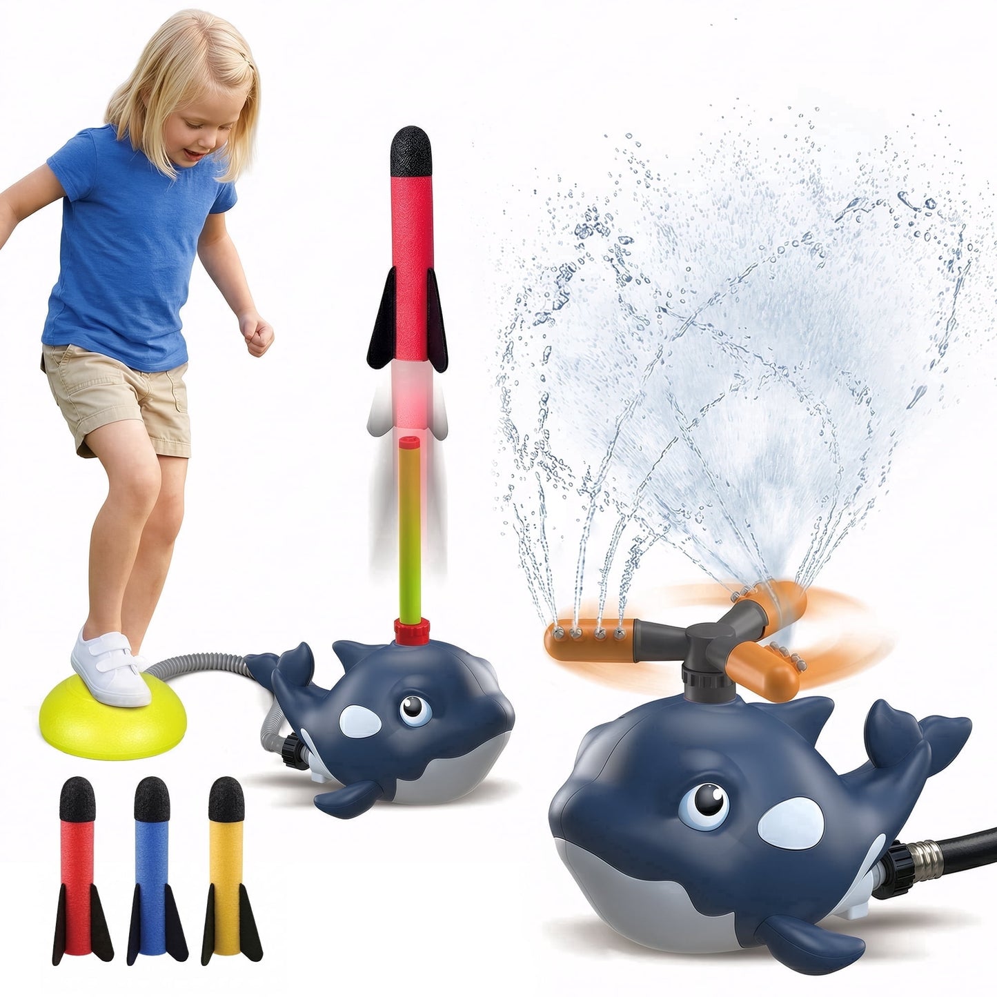 Flynow Whale 2 in 1 Water Sprinkler Toy Rocket Launcher Set - Outdoor Summer Water Spray Sprinkler for Backyard Lawn Garden Kids Ages 3-12