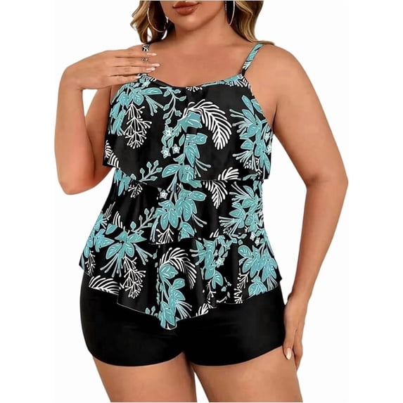 Plus Size Tankini Swimsuits for Women Tummy Control 2 Piece Bathing Suit Ruffle Flounce Swim Top with Boyshorts Modest Floral Swimwear