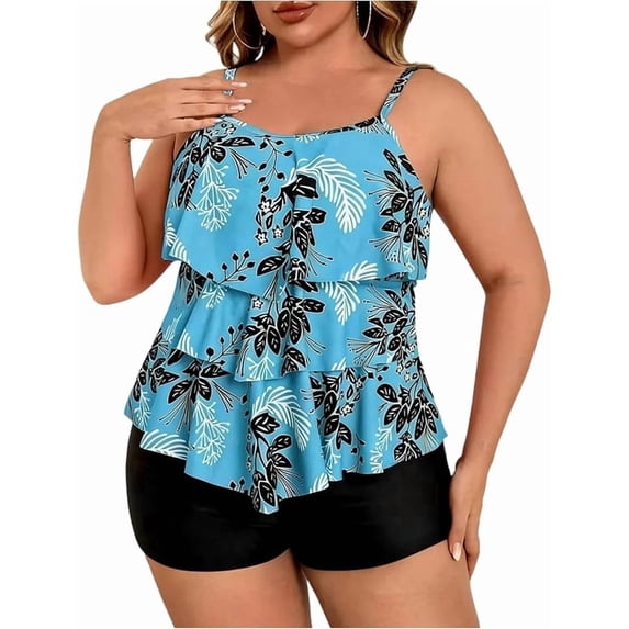 Plus Size Tankini Swimsuits for Women Tummy Control 2 Piece Bathing Suit Ruffle Flounce Swim Top with Boyshorts Modest Floral Swimwear