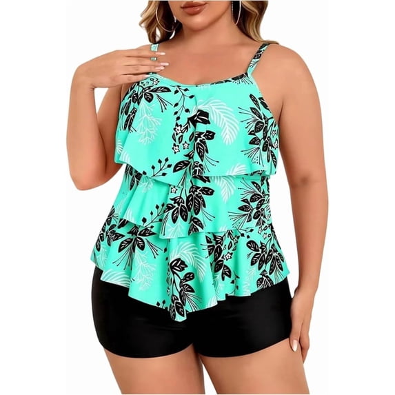 Plus Size Tankini Swimsuits for Women Tummy Control 2 Piece Bathing Suit Ruffle Flounce Swim Top with Boyshorts Modest Floral Swimwear
