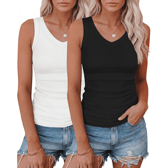 WQD 2 Pack Tank Tops for Women V Neck Ribbed Knit Slim Fitted Sleeveless Basic Tee Tanks Casual Summer Fashion Clothes