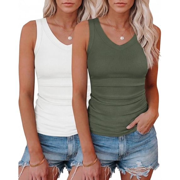 WQD 2 Pack Tank Tops for Women V Neck Ribbed Knit Slim Fitted Sleeveless Basic Tee Tanks Casual Summer Fashion Clothes