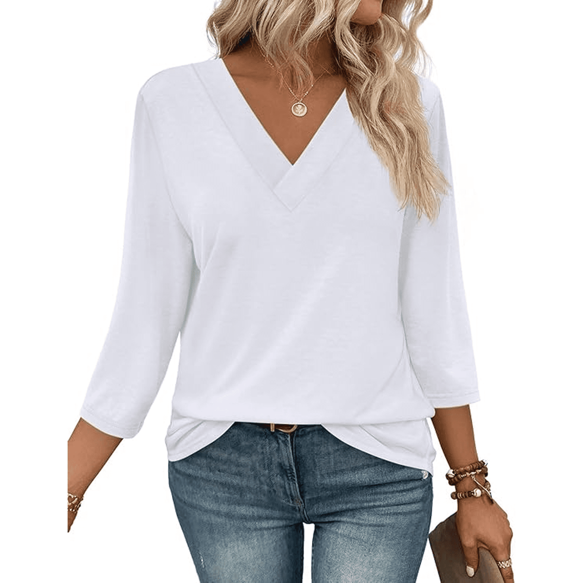 WQD 3/4 Length Sleeve Womens Tops V Neck Casual Tunic Shirts Basic T shirt Loose Fit Blouse Fashion Clothes Trendy Outfits for Fall Winter Spring