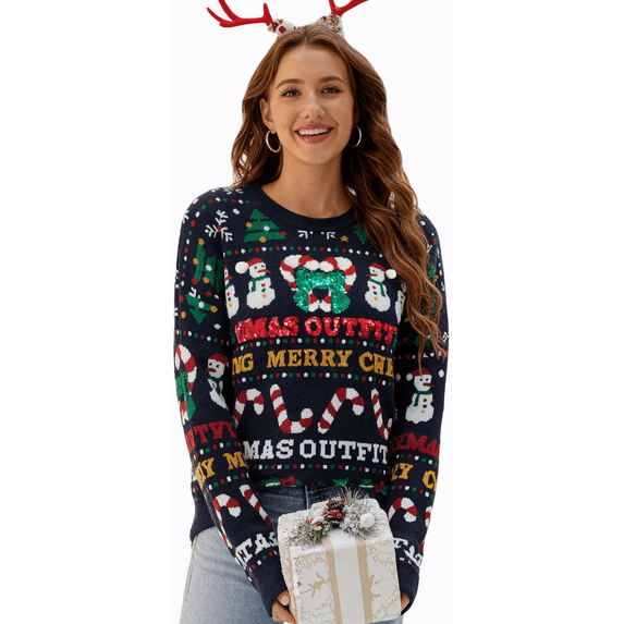 WQD Christmas Sweaters for Women Cute Fuzzy Funny Wintertime and Holiday Parties Knitted Pullover Sweater for Holiday Party New Year