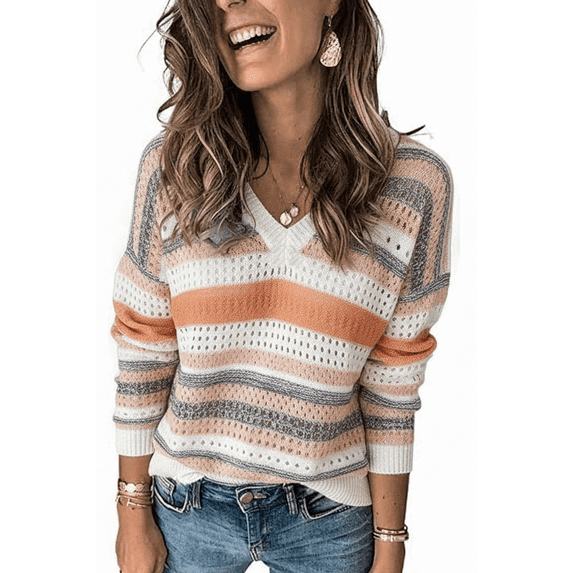 WQD Womens Long Sleeve Shirts Crochet Knit Sweater Hollow Out Striped Tops Casual Trendy Outfits for Fall Winter Spring