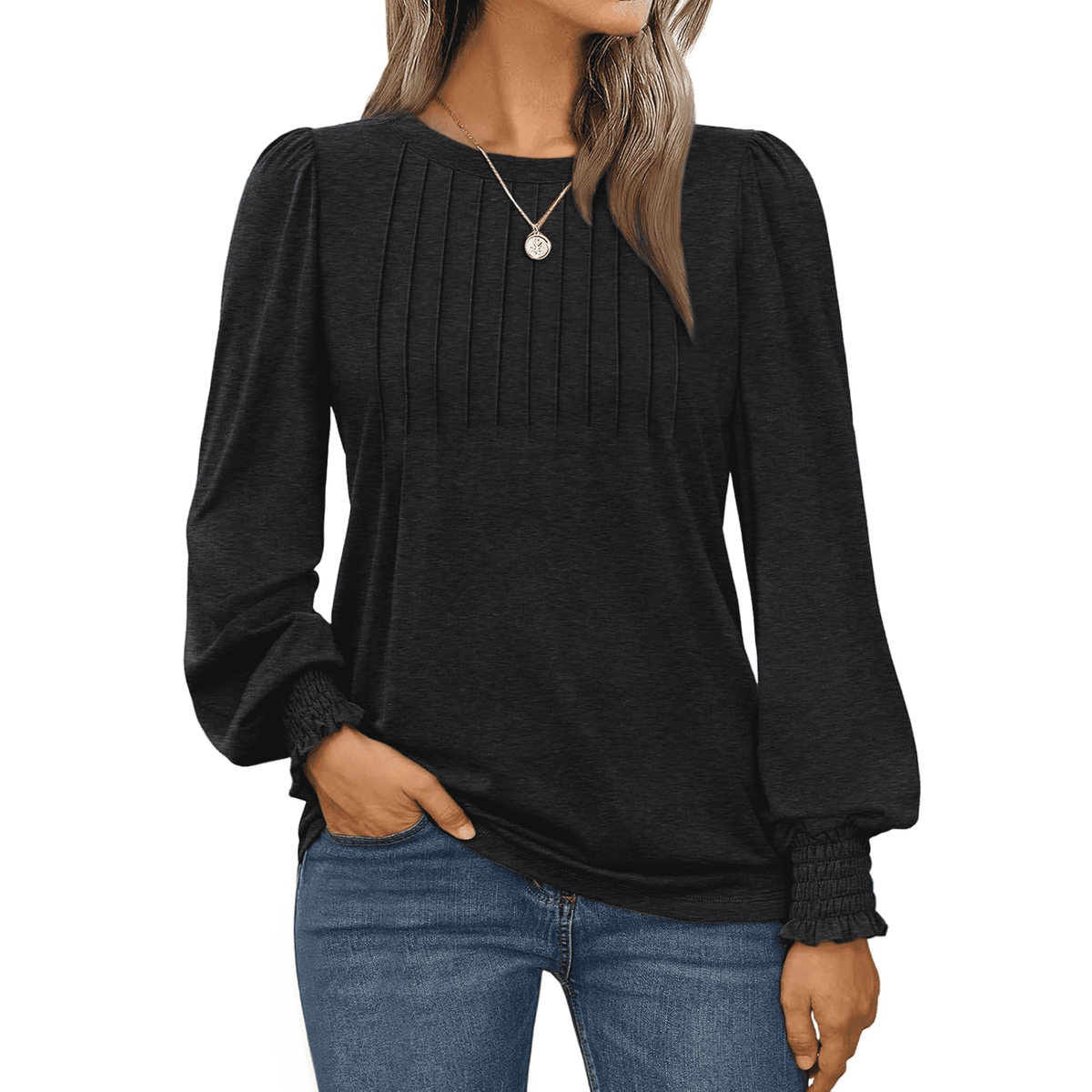 WQD Womens Long Sleeve Shirts Pleated Crewneck Tops Business Casual Blouses Fashion Dressy Smocked Cuffs Pullover Fall Spring Winter