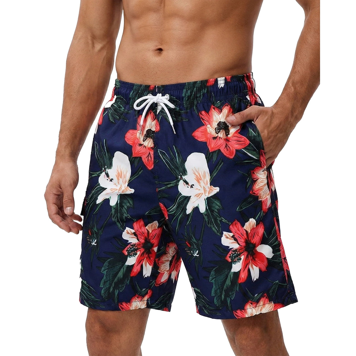 WQD Men’s Swim Trunks Quick Dry Board Shorts with Mesh Lining and Pockets Elastic Waist Drawstring Beach Shorts Tropical Floral Cargo Breathable Swimwear Bathing Suits for Swimming Surfing Vacation