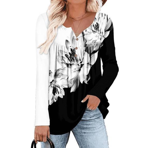 WQD Scoop Neck Tops for Women Floral Long Sleeve Tunic Blouses Casual Loose Fit Shirts to Wear with Leggings Dressy Work Tops (Available in Plus Size)