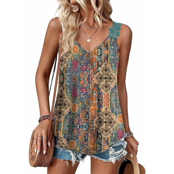 WQD Tank Tops for Women Spring Fashion Sleeveless V Neck Lace Tops Flower Flowy Summer Outfits Beach Vacation Clothes