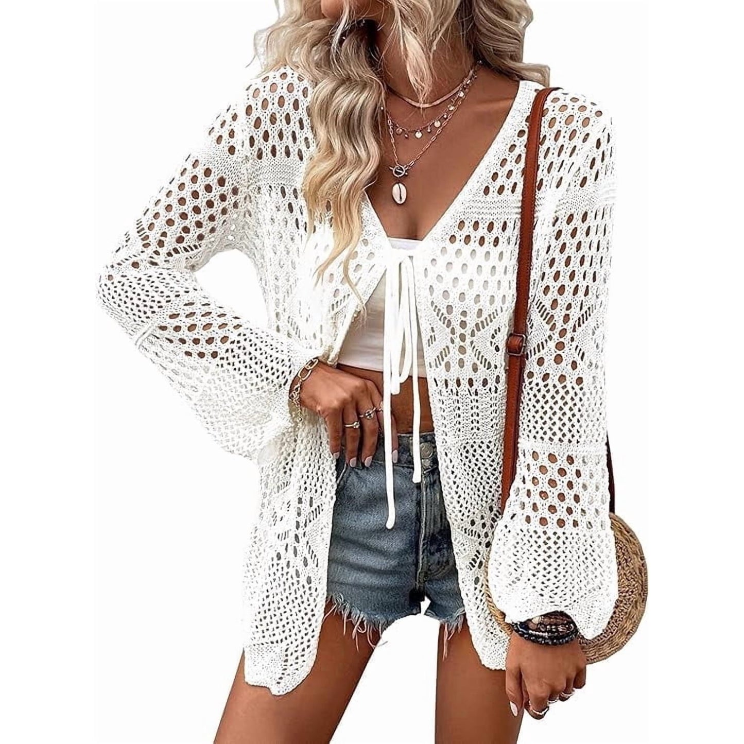 WQD Women Crochet Cardigan for Summer Spring Fall, Lightweight Oversized Tie Front Hollow Out Long Sleeves Kimono Boho Knit Beach Cover Up with Swimsuit, Bikini, Bathing Suit