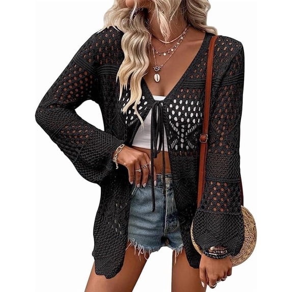 WQD Women Crochet Cardigan for Summer Spring Fall, Lightweight Oversized Tie Front Hollow Out Long Sleeves Kimono Boho Knit Beach Cover Up with Swimsuit, Bikini, Bathing Suit