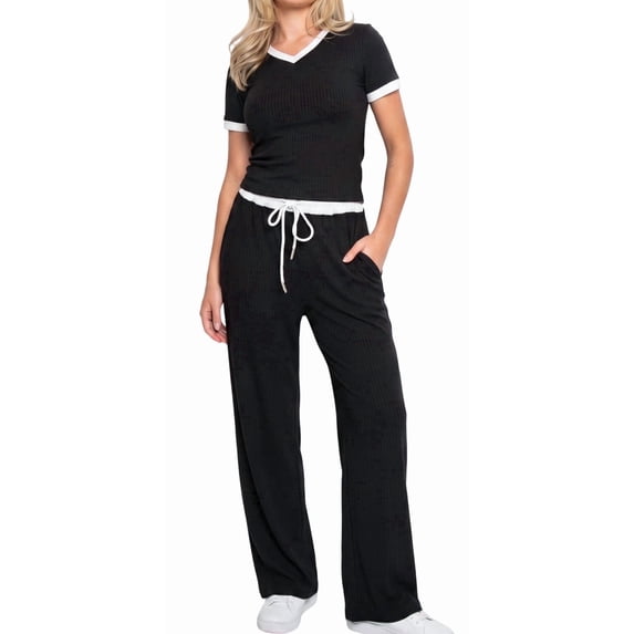 Women's 2 Piece Lounge Set V Neck Short Sleeve Top and Wide Leg Pants with Pockets Casual Travel Outfit for Vacation Airport Work from Home