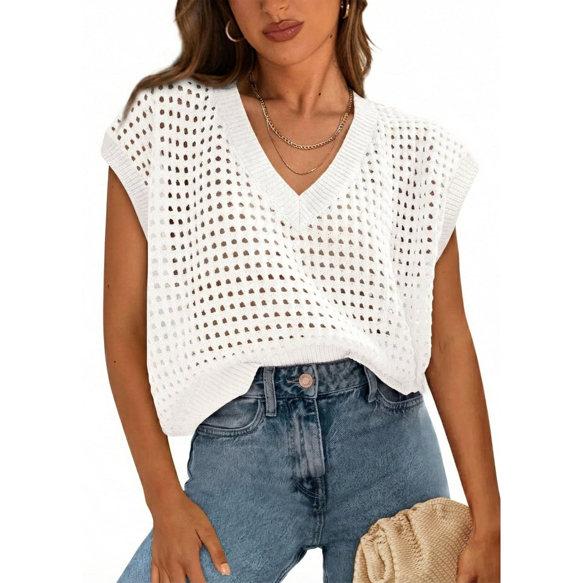 WQD Women’s Crochet Sweater Top V Neck Cap Sleeveless Spring Summer Knit Shirt Loose Hollow Out Pullover Beach Vacation Casual Fashion Clothes
