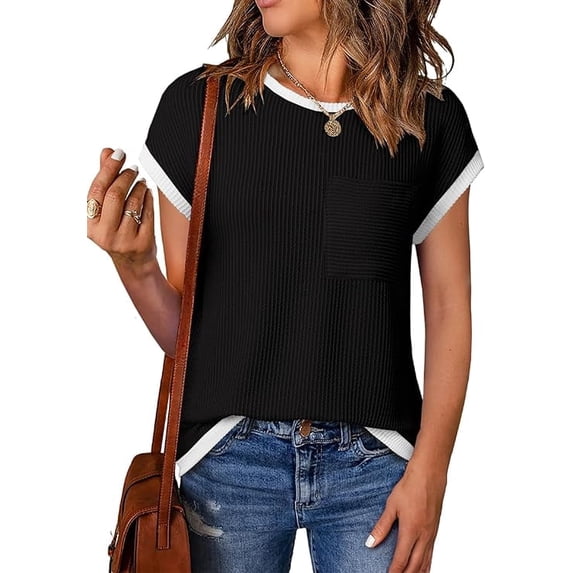 WQD Women’s Short Sleeve Crewneck T Shirt Color Block Ribbed Knit Top Casual Summer Blouse with Pocket