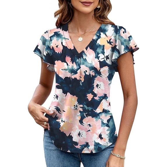 WQD Women’s Summer Floral Tops Flutter Short Sleeve V Neck Blouse Dressy Casual Loose Fit Tunic Shirts Trendy Ruffle Sleeve T Shirts