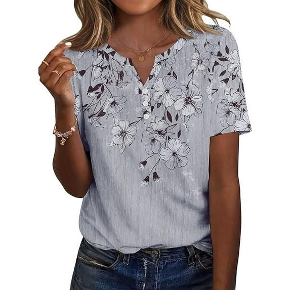 WQD Women’s Summer V Neck Blouse Short Sleeve Floral Print Top Casual Loose Fit Business Dressy Work Shirt
