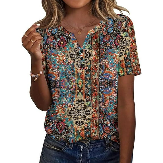 WQD Women’s Summer V Neck Blouse Short Sleeve Floral Print Top Casual Loose Fit Business Dressy Work Shirt