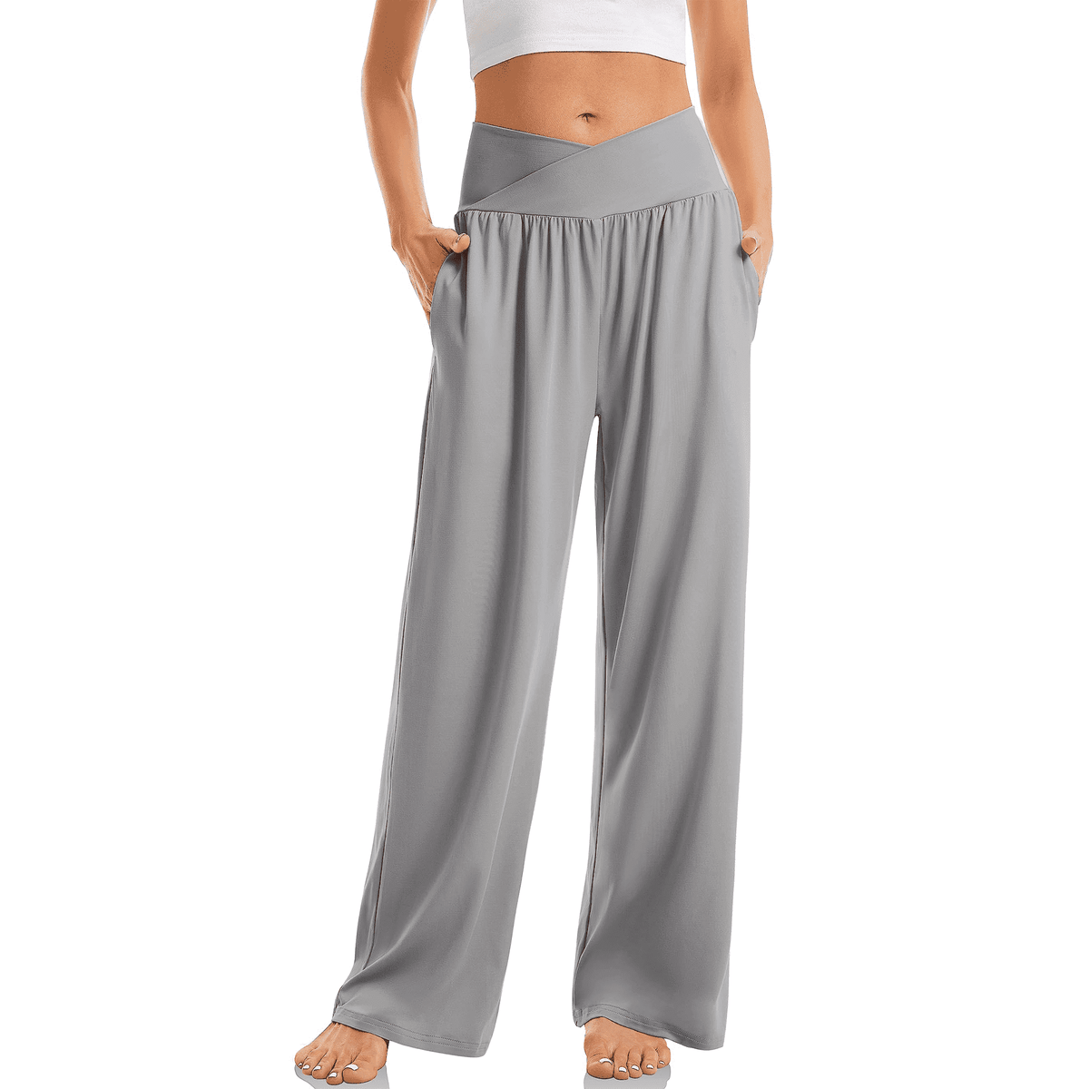 WQD Women’s Sweatpants Wide Leg Lounge Pants Crossover High Waist Yoga Pants with Pockets Comfy Loose Fit Flowy Casual Pajama Pants