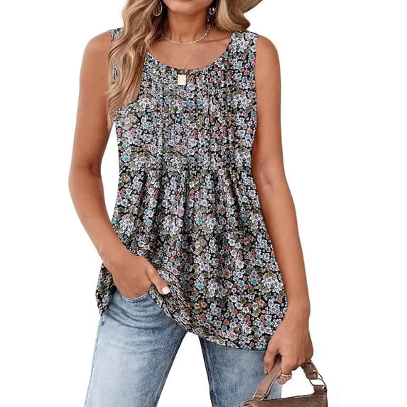 WQD Women’s Tank Top Summer Sleeveless Tops Pleated Floral Tank Shirt Crew Neck Loose Fit Casual Flowy Dressy Lightweight Tunic Blouse for Daily Fashion Wear