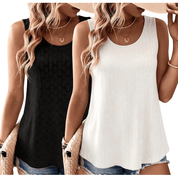WQD Women’s Tank Tops 2 Pack Sleeveless Casual Loose Fit Flowy Swing Tunic Shirts Cute Heart Print Summer Lightweight Tops