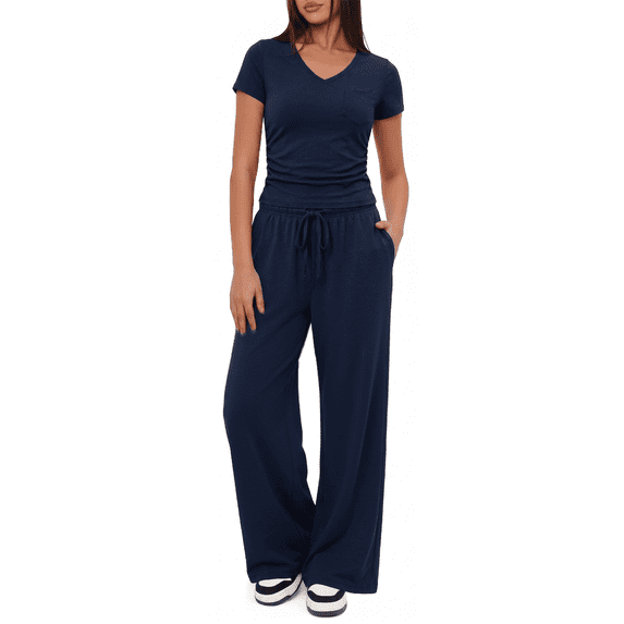 WQD Womens 2 Piece Set Outfits Lounge Sets Ruched Short Sleeve Tops High Waisted Wide Leg Pants Tracksuit Sets