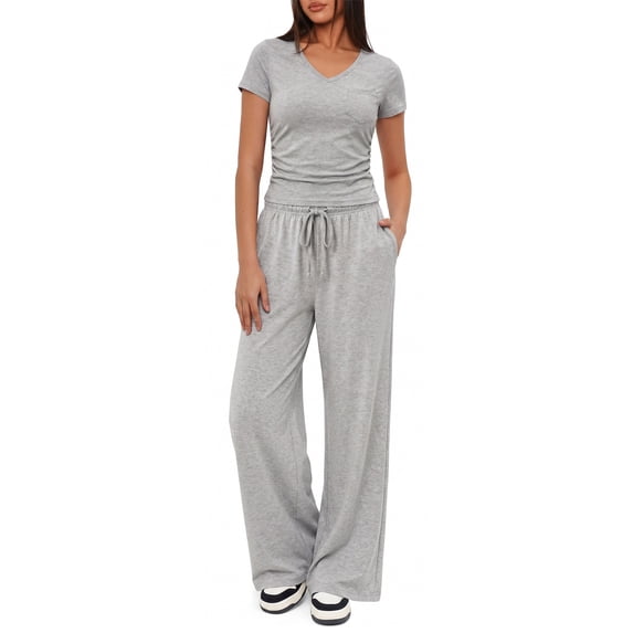 WQD Womens 2 Piece Set Outfits Lounge Sets Ruched Short Sleeve Tops High Waisted Wide Leg Pants Tracksuit Sets