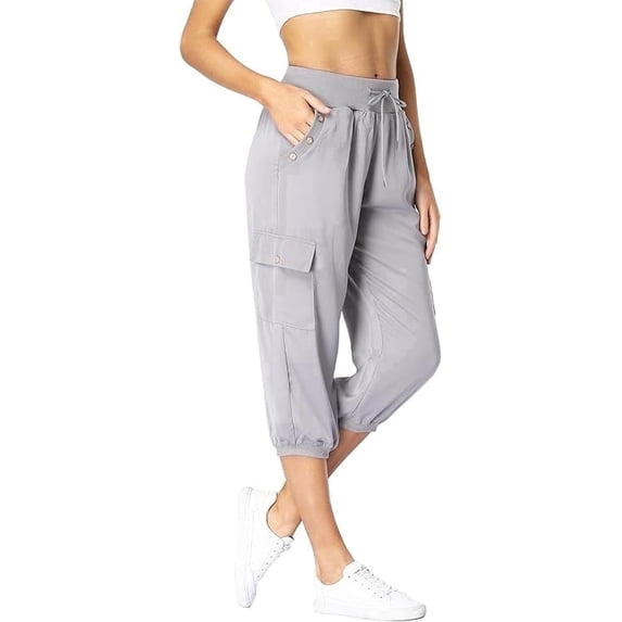 Womens Cargo Capris Travel High Waist Drawstring Workout Pants Button Decor Summer Loose Harem Sweatpants Stylish Soft Casual Work Pants with Pockets