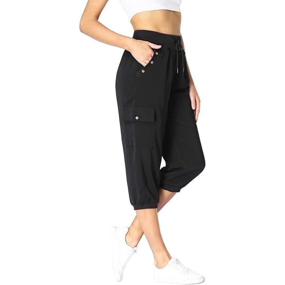 Womens Cargo Capris Travel High Waist Drawstring Workout Pants Button Decor Summer Loose Harem Sweatpants Stylish Soft Casual Work Pants with Pockets