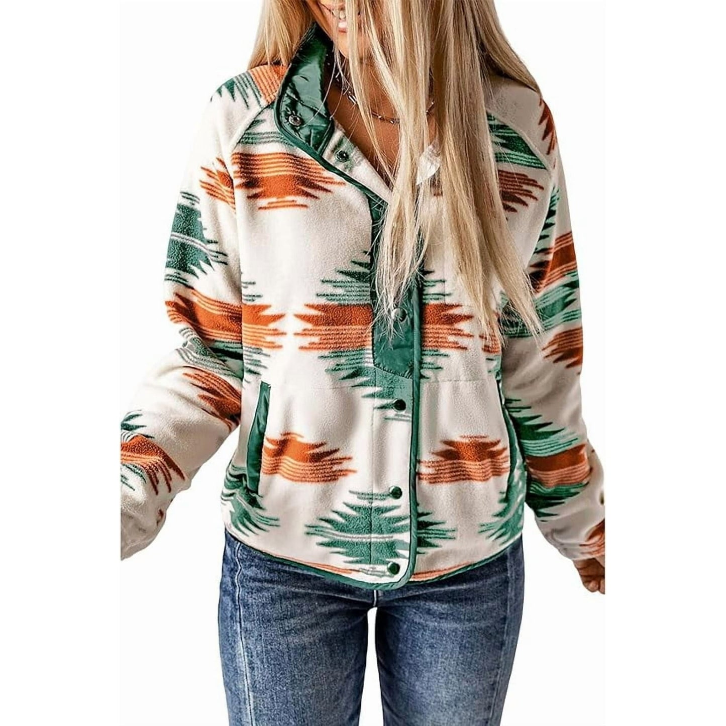 WQD Womens Fleece Shacket Jacket Winter Sherpa Coat Long Sleeve Warm Fuzzy Casual Western Aztec Print Outerwear Soft Cozy Snap Button Down Fashion Top with Pockets