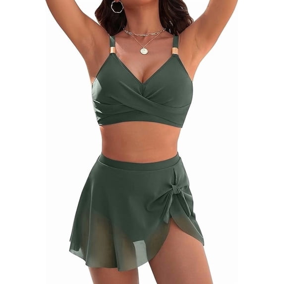 WQD Womens High Waisted Bikini Set Tummy Control Two Piece Swimsuit with Gold Metal Accent Wrap V Neck Bikini Top & Tie Side Skirt Bottom Bathing Suit
