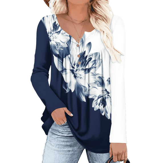WQD Womens Long Sleeve Shirts Dressy Casual Floral Blouses Loose Tunic Tops for Fall Winter Spring (Available in Plus Size)
