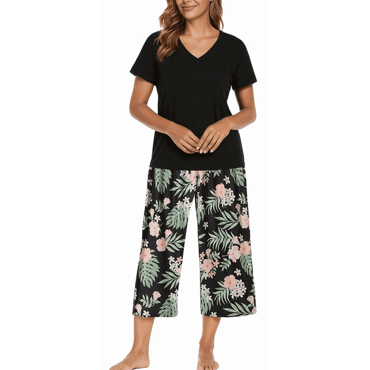 WQD Womens Pajama Sets 2 Piece Lounge Sets Soft Loungewear Comfy Pj Sets V Neck Short Sleeve Top and Capri Pants Loose Sleepwear with Pockets