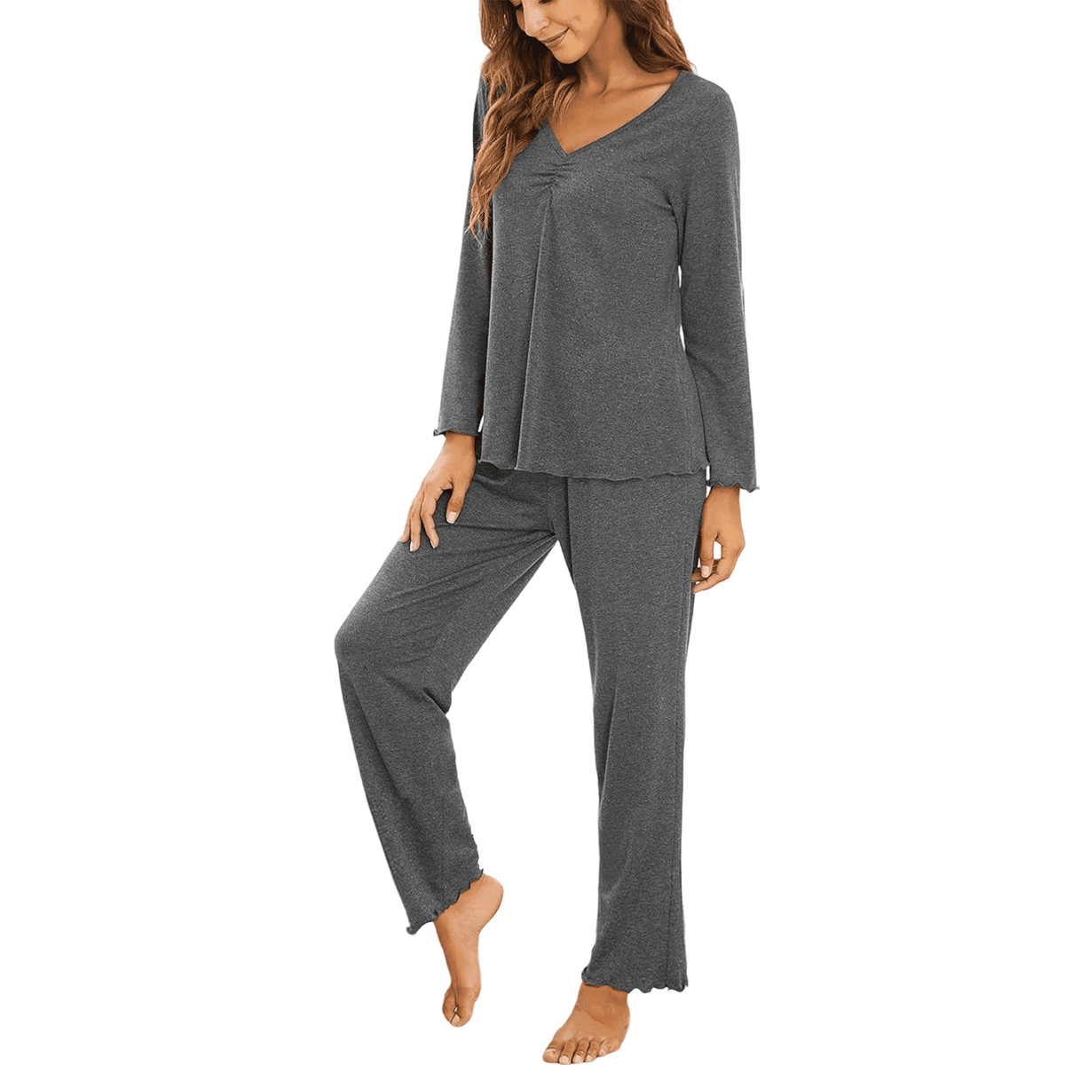 WQD Womens Pajama Sets 2 Piece Lounge Sets V Neck Long Sleeve Loungewear Comfy Pj Sets Top and Pants Soft Loose Sleepwear for Fall Winter Spring