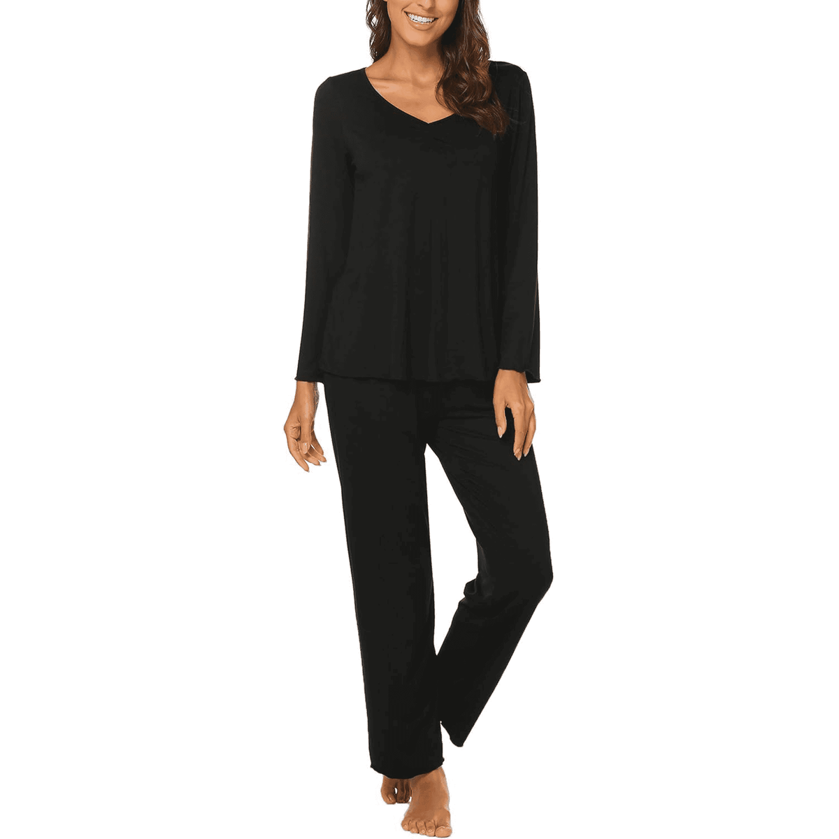 WQD Womens Pajama Sets 2 Piece Lounge Sets V Neck Long Sleeve Loungewear Comfy Pj Sets Top and Pants Soft Loose Sleepwear for Fall Winter Spring