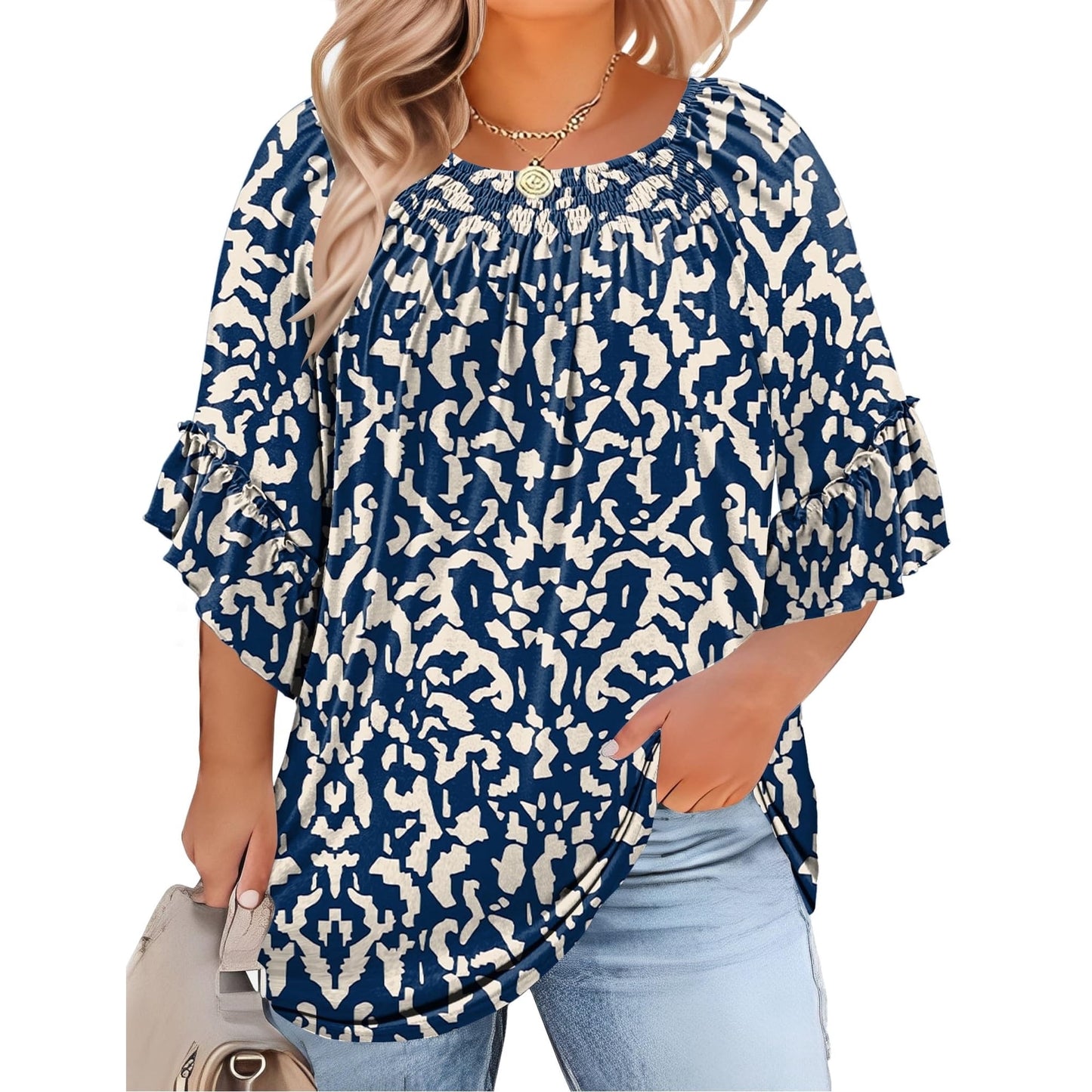 WQD Womens Plus Size Tunic Top 3/4 Ruffle Sleeve Crewneck Pleated Blouse Dressy Casual