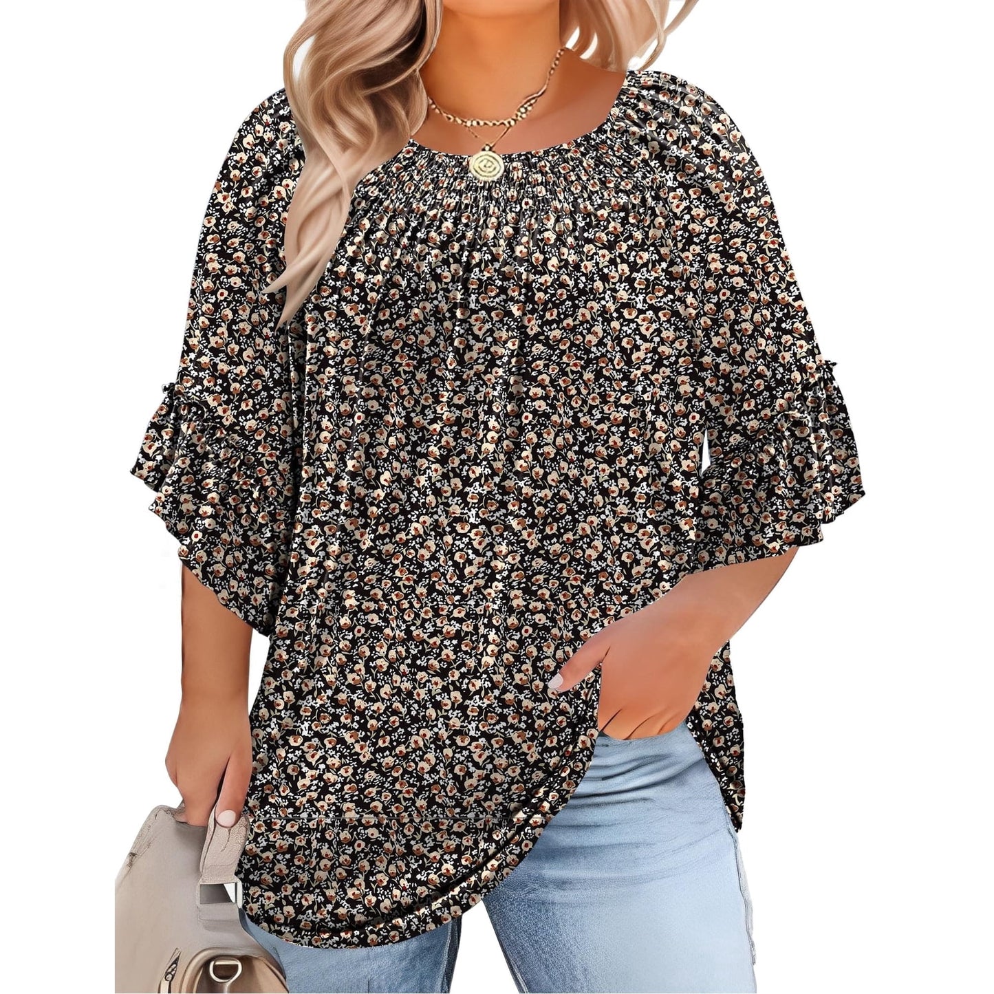 WQD Womens Plus Size Tunic Top 3/4 Ruffle Sleeve Crewneck Pleated Blouse Dressy Casual