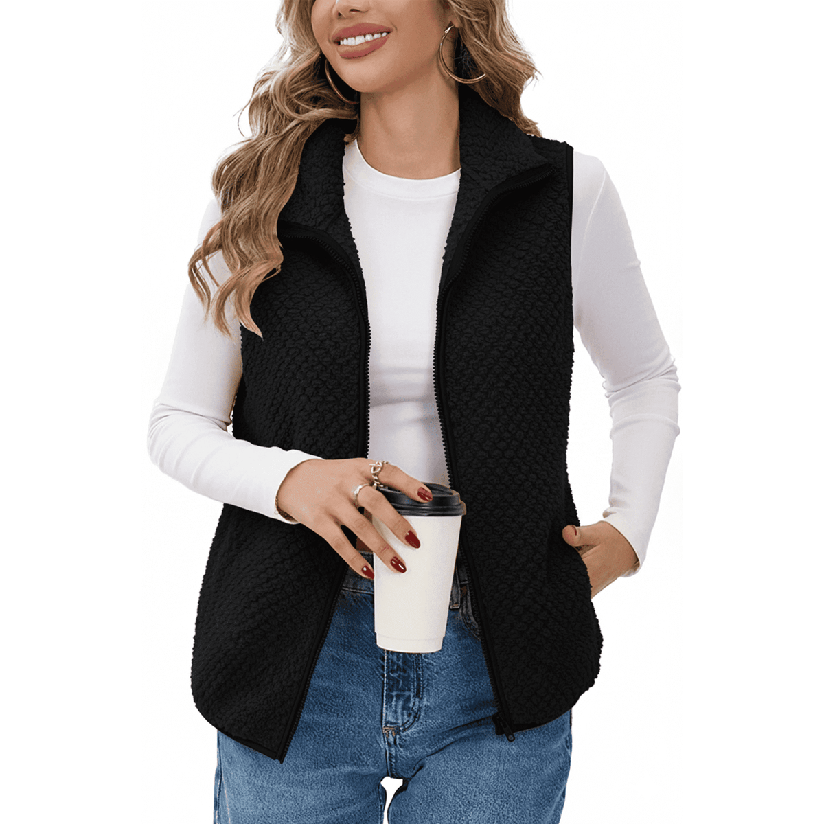 WQD Womens Sherpa Fleece Vest Lightweight Sleeveless Zip Up Jacket with Pockets Cozy Fuzzy Outerwear for Fall Winter Layering
