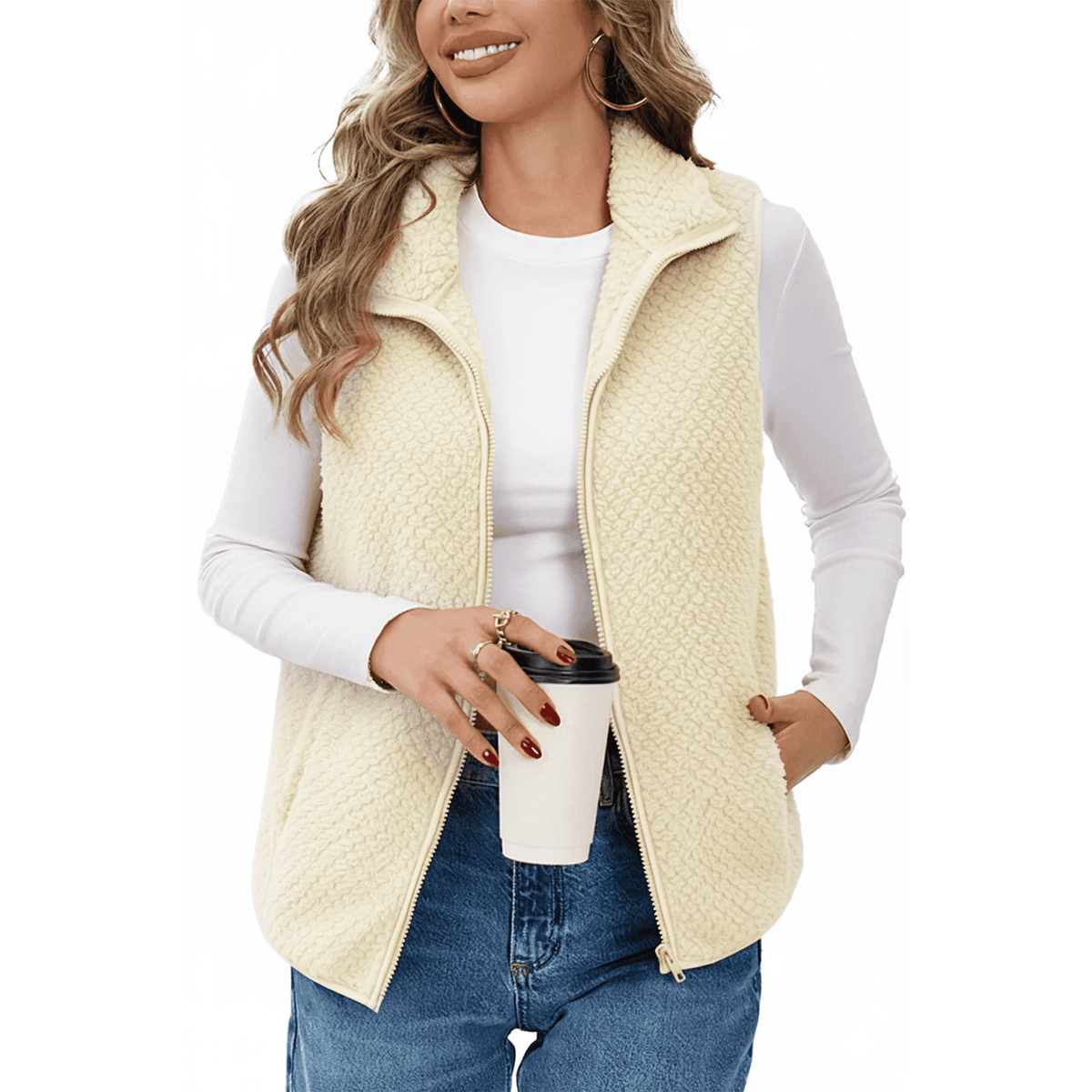 WQD Womens Sherpa Fleece Vest Lightweight Sleeveless Zip Up Jacket with Pockets Cozy Fuzzy Outerwear for Fall Winter Layering