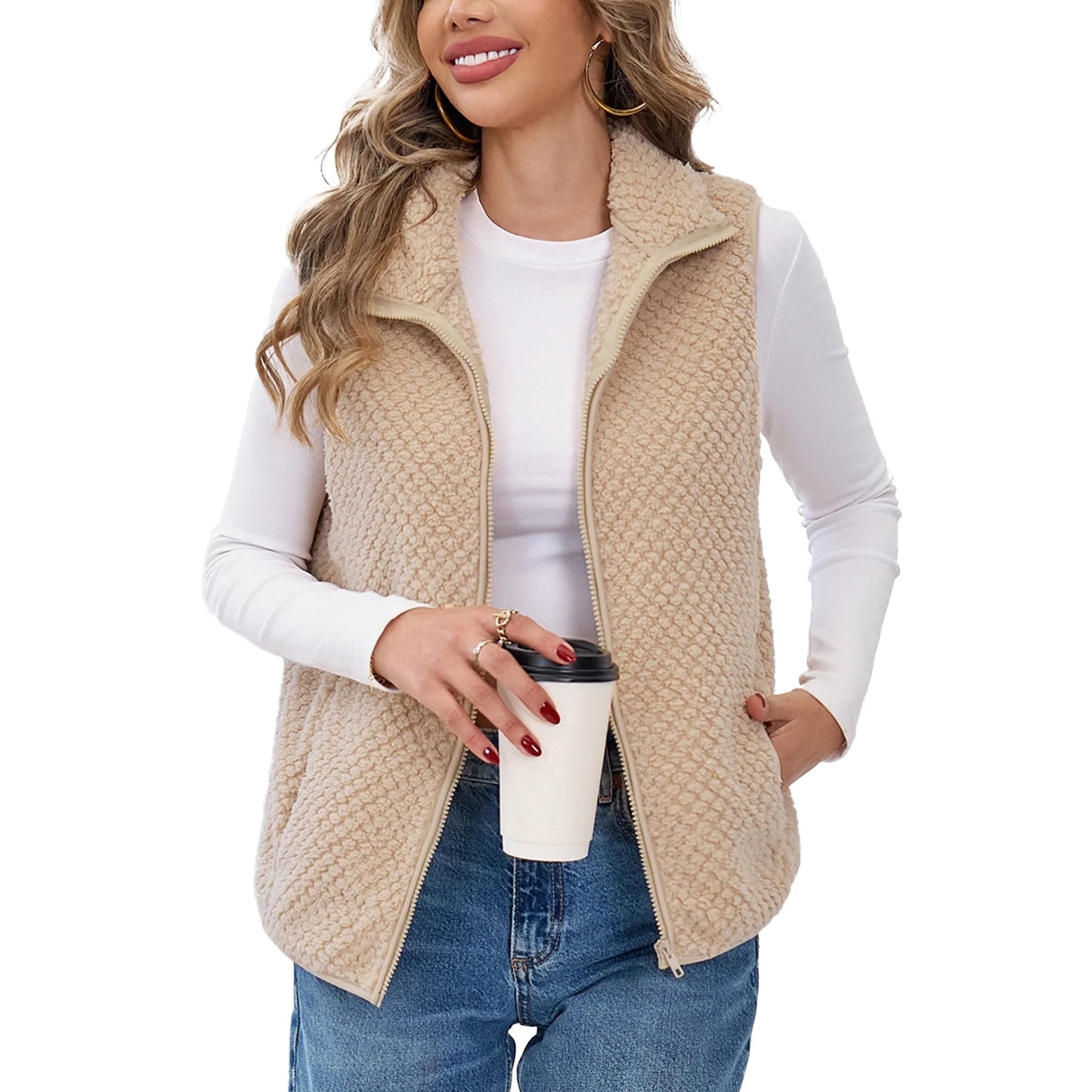 WQD Womens Sherpa Fleece Vest Lightweight Sleeveless Zip Up Jacket with Pockets Cozy Fuzzy Outerwear for Fall Winter Layering