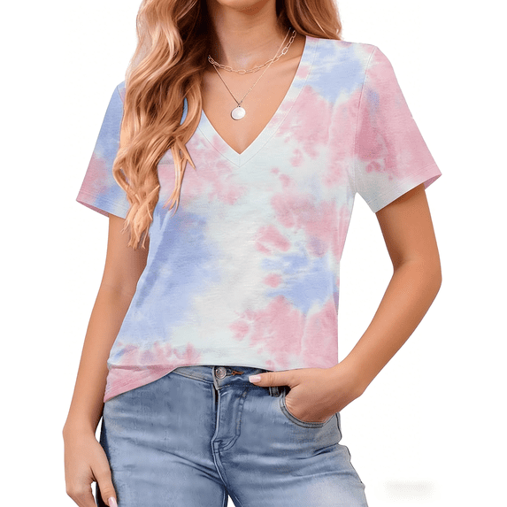 WQD Womens Short Sleeve V Neck T Shirts Casual Tie Dye Tops Loose Fit Basic Summer Tee Trendy Printed Blouse