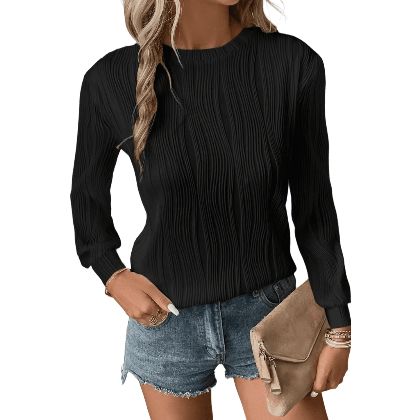 WQD Womens Long Sleeve Shirts Casual Textured Crewneck Tops Solid Tees Trendy T Shirts Casual Outfits Loose Dressy Fit Blouses Fashion Pullover Fall Spring Winter