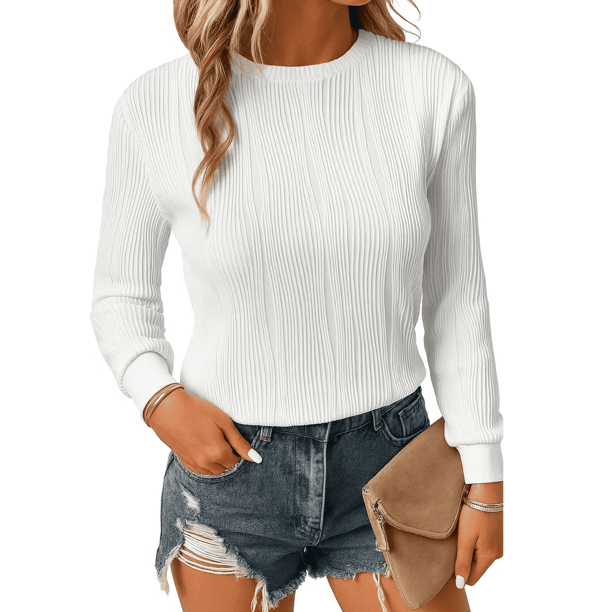 WQD Womens Long Sleeve Shirts Casual Textured Crewneck Tops Solid Tees Trendy T Shirts Casual Outfits Loose Dressy Fit Blouses Fashion Pullover Fall Spring Winter