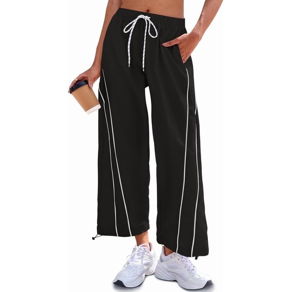 WQD Womens Workout Pants Baggy Wide Leg Pants Casual Elastic High Waist Drawstring Hiking Workout Cropped Track Loose Pants with Pockets